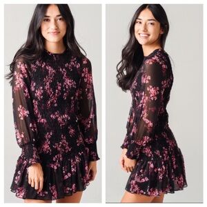 MISA Los Angeles Roisin Smocked Dress Berry Floral Hot Pink Black Silver XS